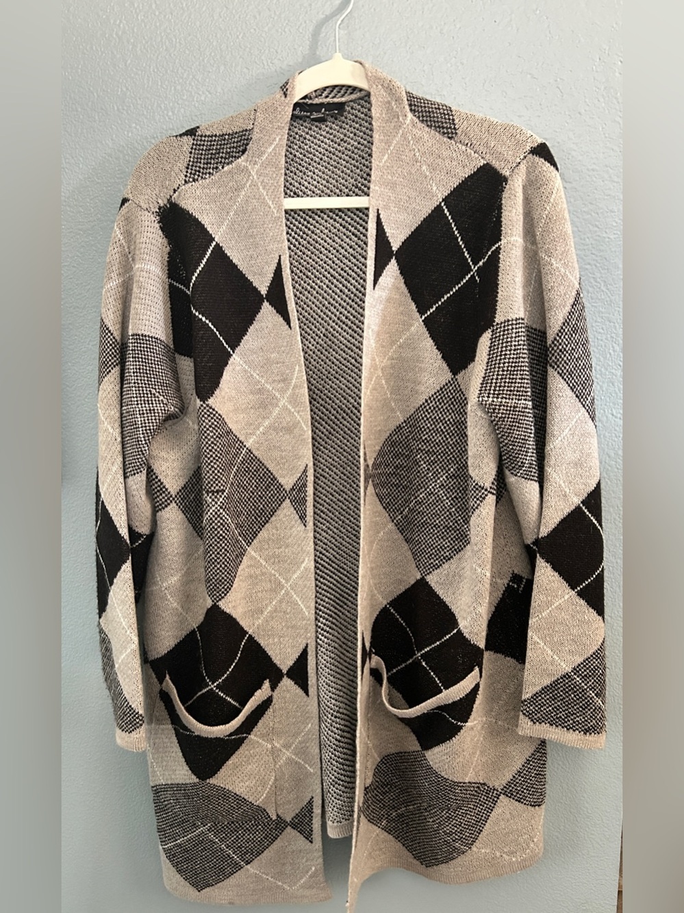 Black and Grey Argyle Open Front Cardigan